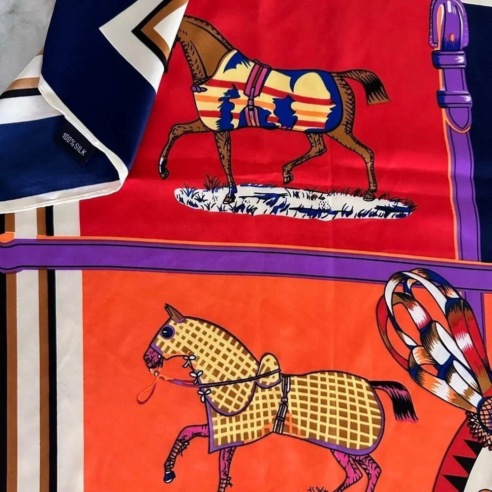 Equestrian 100% Silk Scarf  “Saratoga Rocks” 38”x 40” vibrant colors detailed‌‌